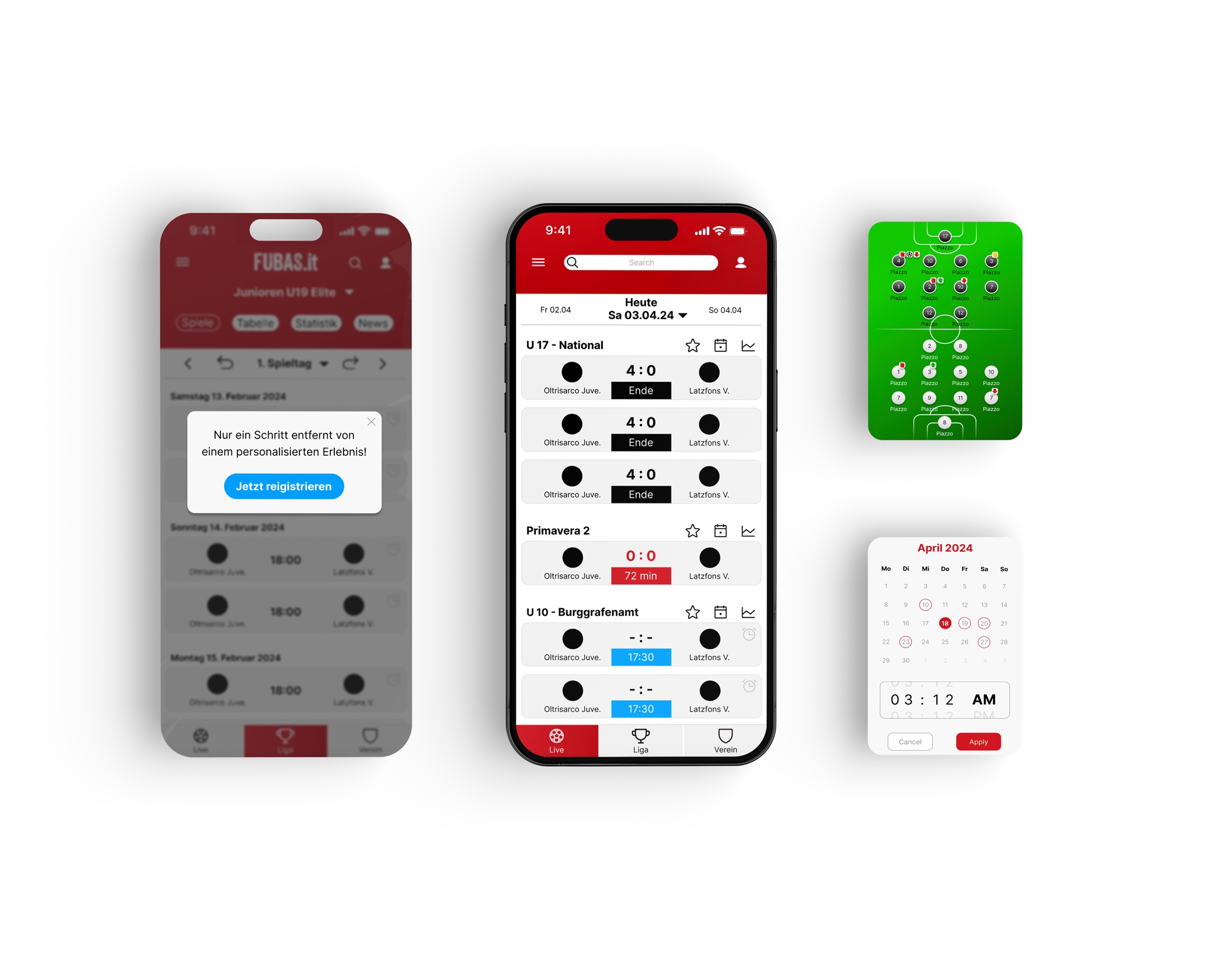 FUBAS mobile product views for registration, line-up and live match day